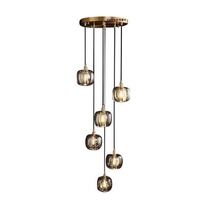 Chocolate All Copper Staircase Pendant Lamp End Villa Living Room Light with Luxury Crystal and Rotating Function