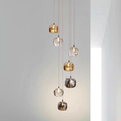 Chocolate All Copper Staircase Pendant Lamp End Villa Living Room Light with Luxury Crystal and Rotating Function