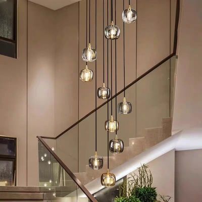 Chocolate All Copper Staircase Pendant Lamp End Villa Living Room Light with Luxury Crystal and Rotating Function