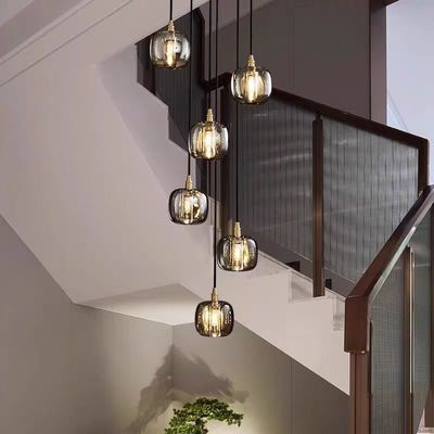 Chocolate All Copper Staircase Pendant Lamp End Villa Living Room Light with Luxury Crystal and Rotating Function