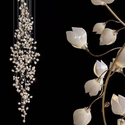 Modern White Magnolia Petals Ceramic Branch Tree LED Pendant Light Project Pendant Lamp For Living Room Hotel Lobby Staircase
