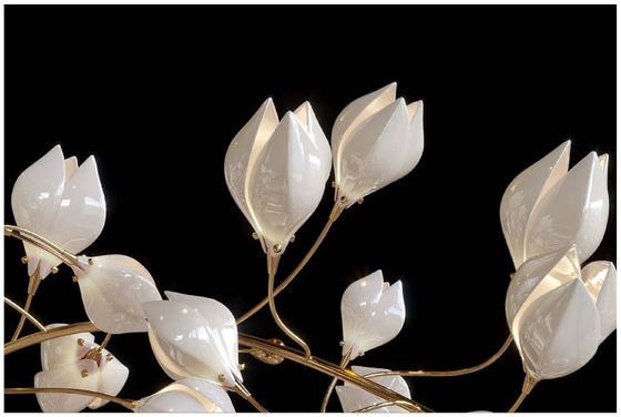 Modern White Magnolia Petals Ceramic Branch Tree LED Pendant Light Project Pendant Lamp For Living Room Hotel Lobby Staircase