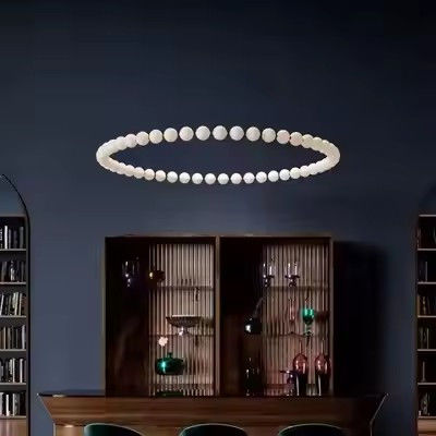 Modern Golden Chandelier Home Decoration Bedroom Living Room LED Ring Glass Pearl Hanging Lamp