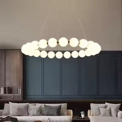 Modern Golden Chandelier Home Decoration Bedroom Living Room LED Ring Glass Pearl Hanging Lamp