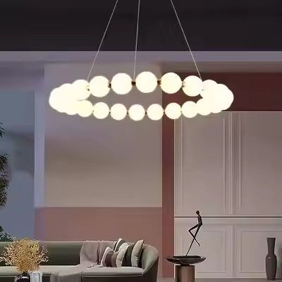 Modern Golden Chandelier Home Decoration Bedroom Living Room LED Ring Glass Pearl Hanging Lamp