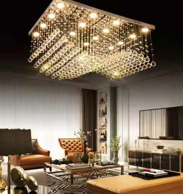 Customized Modern Living Room LED Wave Rectangular String Crystal Lamp Hotel Engineering Crystal Hanging Chandeliers