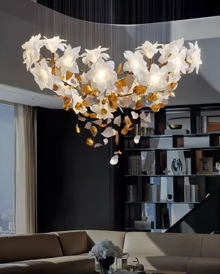 Miedź + Imitacja Jade Kwiaty Światło Luksusowy Hotel Loft Villa Kryształowe schody żyrandol
